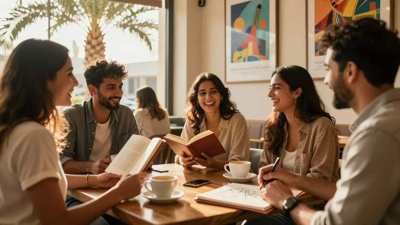 Expats laugh together in a sunlit Dubai café, sharing books and art, no signs of secrecy or danger.