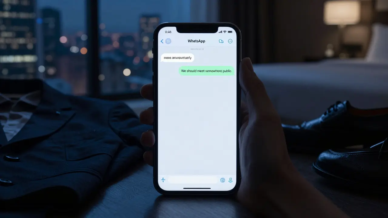 Glowing smartphone showing a blocked message in a dark hotel room, evoking risk and caution.