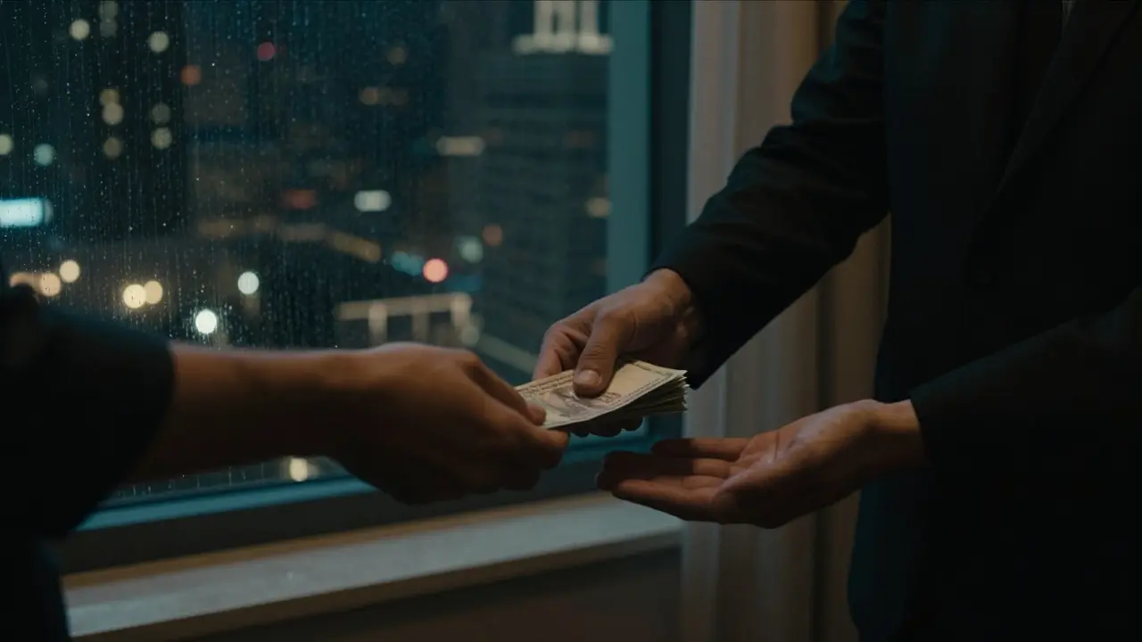 Hands exchanging cash in dark hotel room with city skyline view.