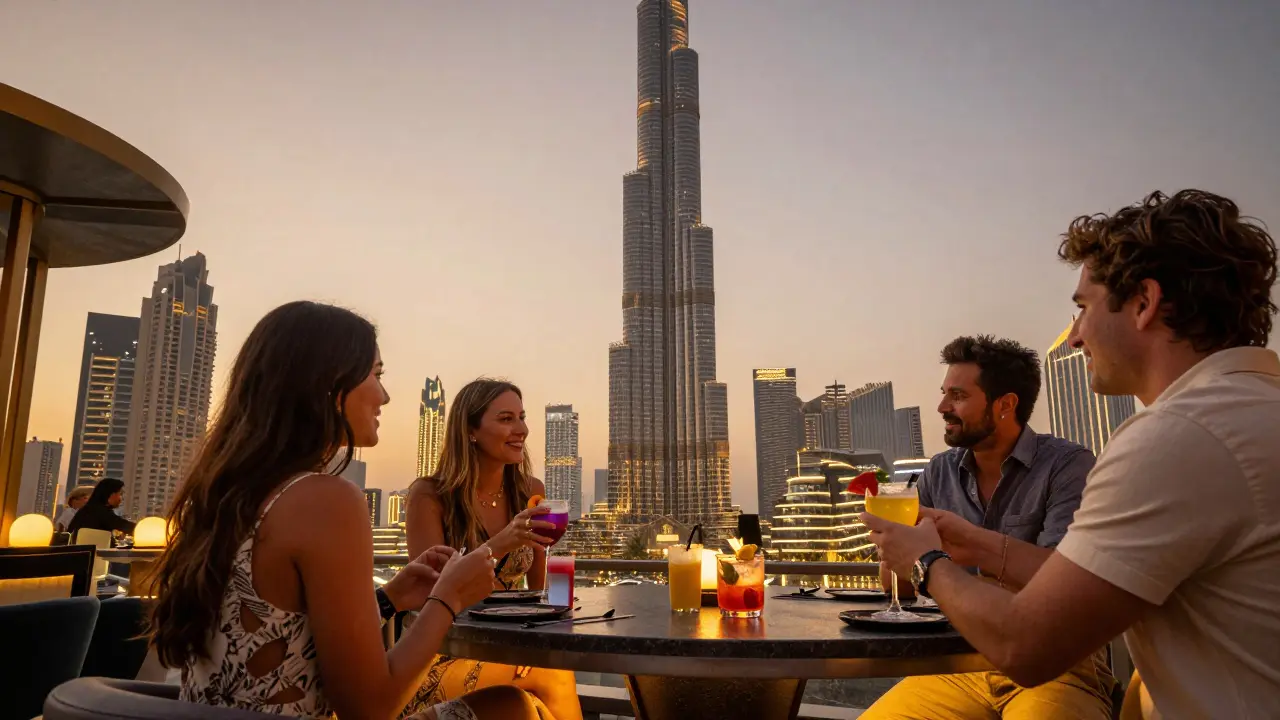 Luxury Dubai rooftop bar with Burj Khalifa at night
