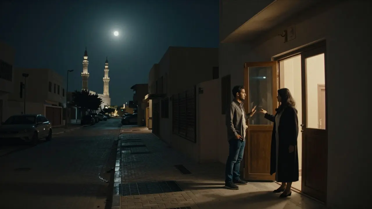 Nighttime street in Bur Dubai with two figures meeting discreetly at a building entrance.