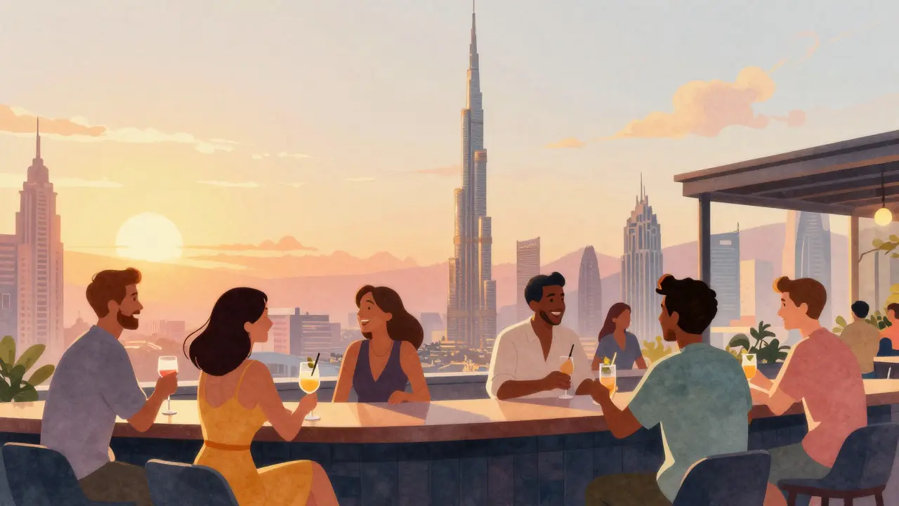 Rooftop bar socializing at sunset with Dubai skyline.
