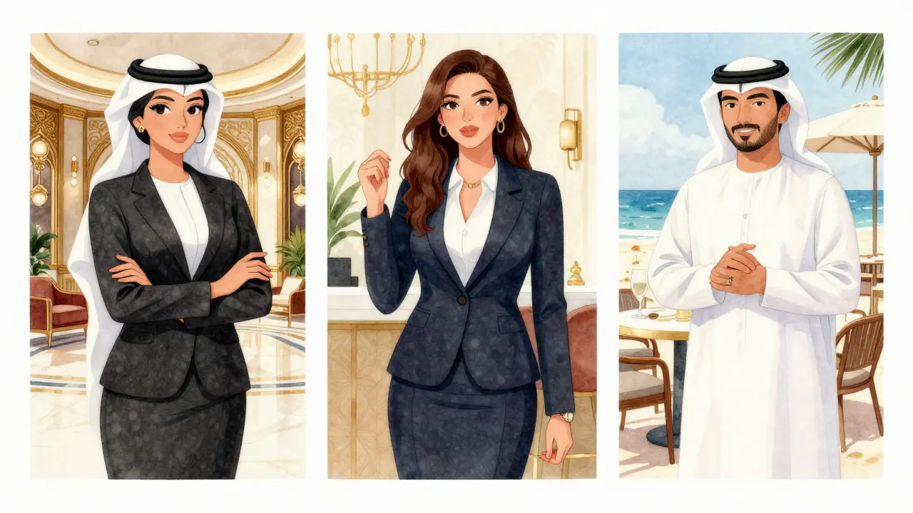 Three diverse companions in professional settings representing Dubai's escort services.