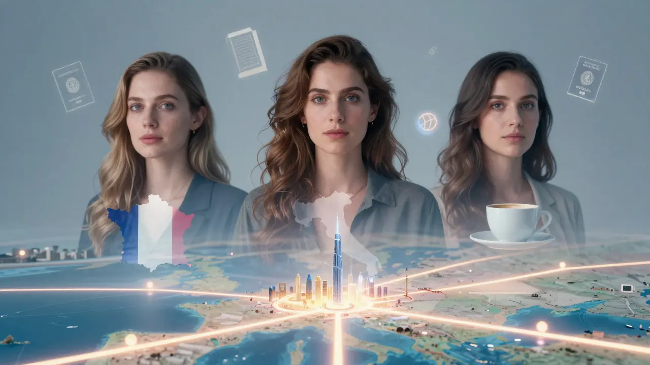 Three European women represented by transparent portraits with symbols of travel, art, and language, floating above a map of Dubai.