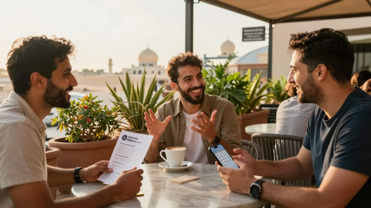 Three people laugh over coffee at a Dubai café, one holding a social event flyer, bathed in warm afternoon light.