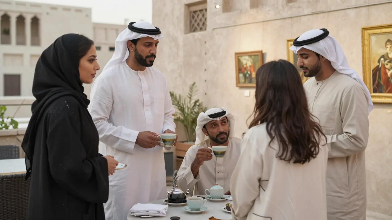 Three professional companions engage in cultural outings across Dubai—guided tour, tea at a rooftop, art gallery event.