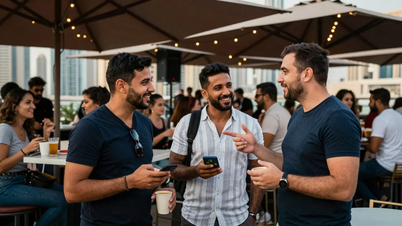 Tourists at a lively Dubai social venue, realizing real connections are found in public spaces, not hidden chats.