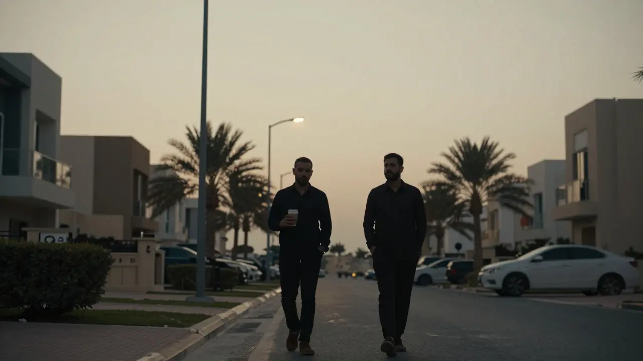 Two people walking peacefully through a quiet Dubai neighborhood at dusk, maintaining respectful distance.