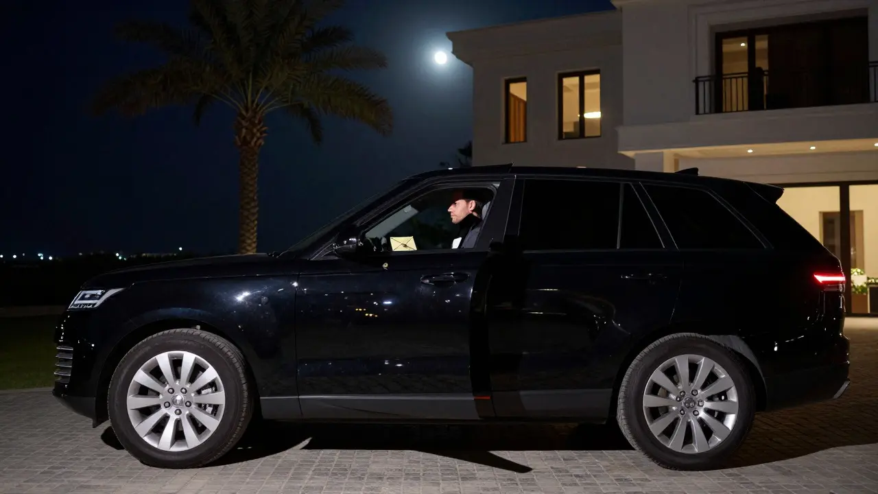 A black SUV parked outside a private villa in Jumeirah Bay at midnight, a driver standing quietly, no visible logos or markings.