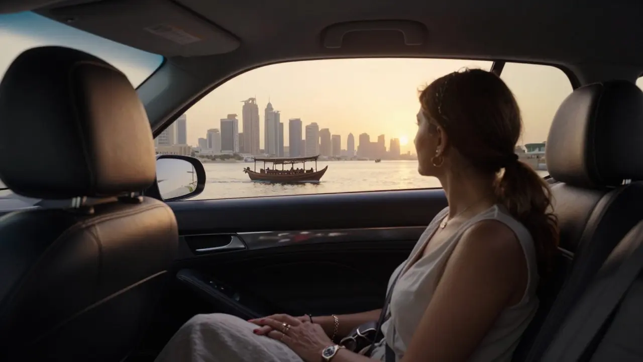 A client and companion in a car at sunset, watching dhows on Dubai Creek as skyscrapers glow behind them.