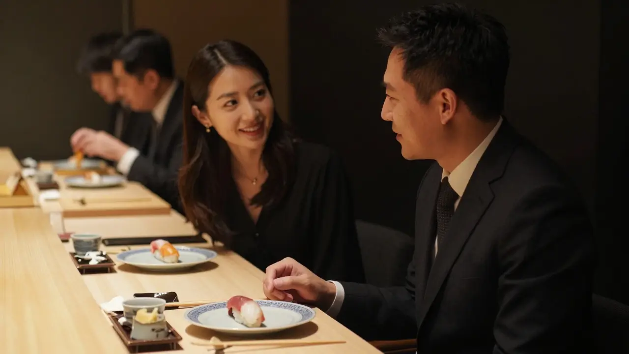 A couple enjoying quiet dinner at Zuma, sharing a thoughtful moment with subtle emotional connection.