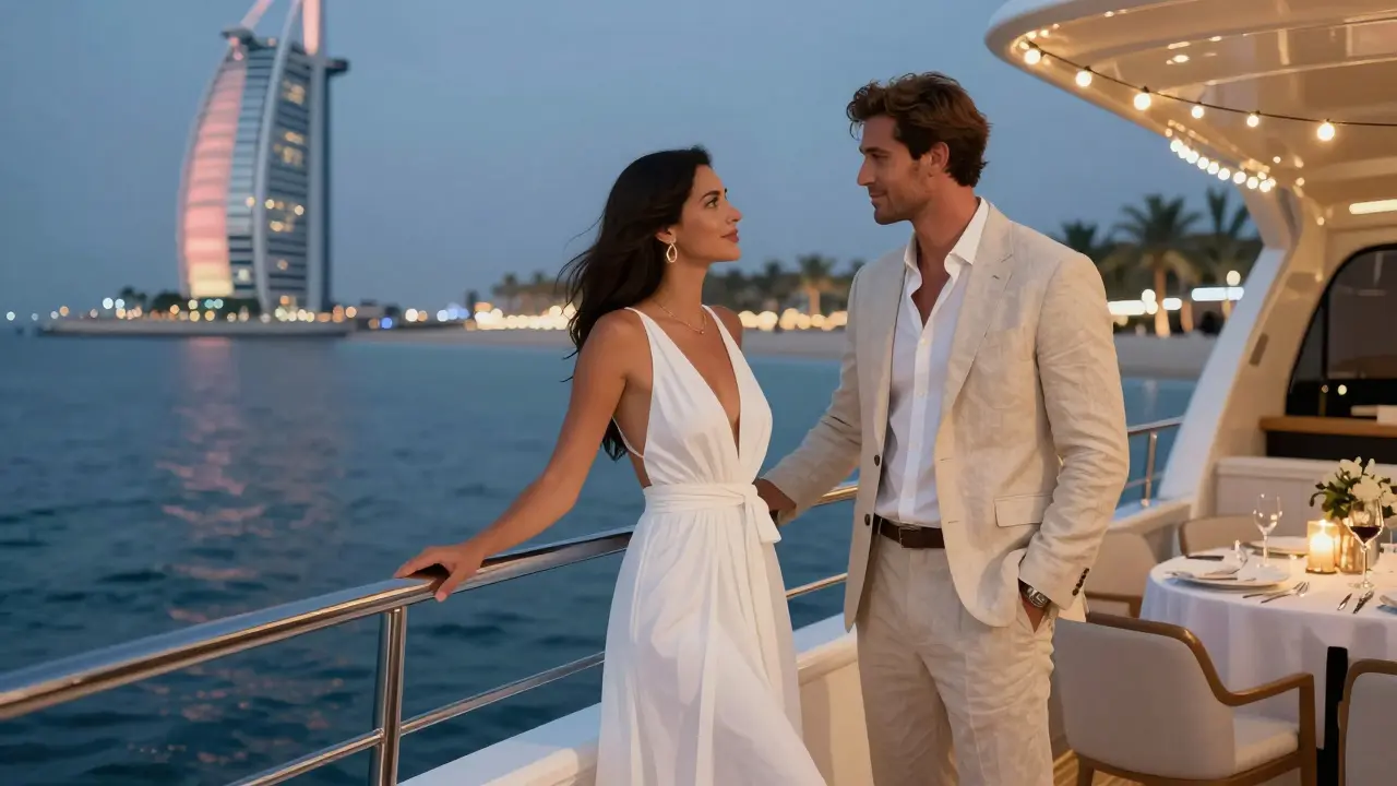 A couple on a yacht at twilight, enjoying the Dubai skyline with soft lights and calm waves.