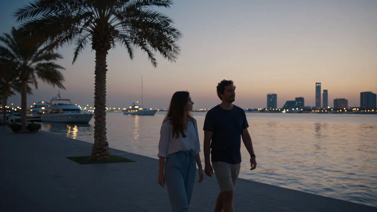 A couple walking peacefully along Dubai Marina at dusk, enjoying quiet companionship under the glowing skyline.