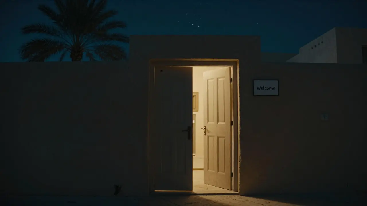 A discreet entrance in a residential building in Karama, softly lit from within under a starry Dubai night.