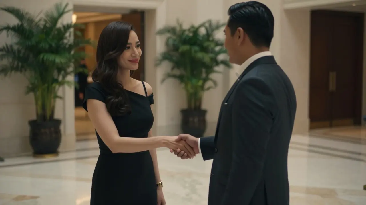 A discreet handshake in a luxury hotel lobby between a well-dressed woman and man.