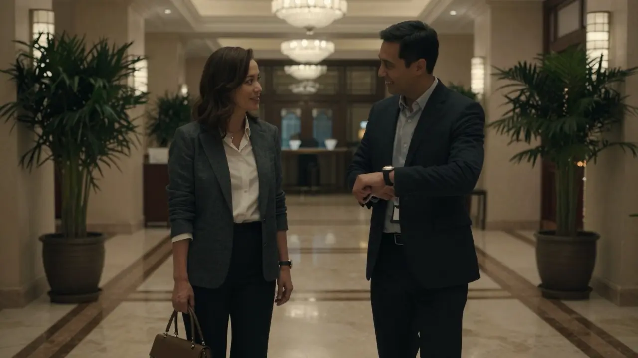 A discreet meeting in a luxury Dubai hotel lobby, two individuals exchanging a respectful greeting.