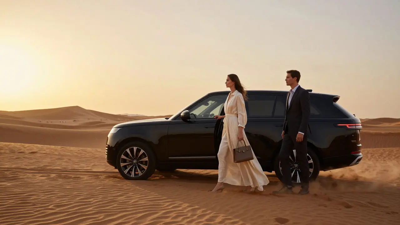 A European companion and client stepping out of a luxury SUV at the edge of the Dubai desert at dusk.