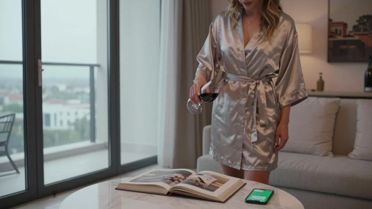 A European companion in a luxury Dubai apartment, pouring wine near floor-to-ceiling windows with art books nearby.