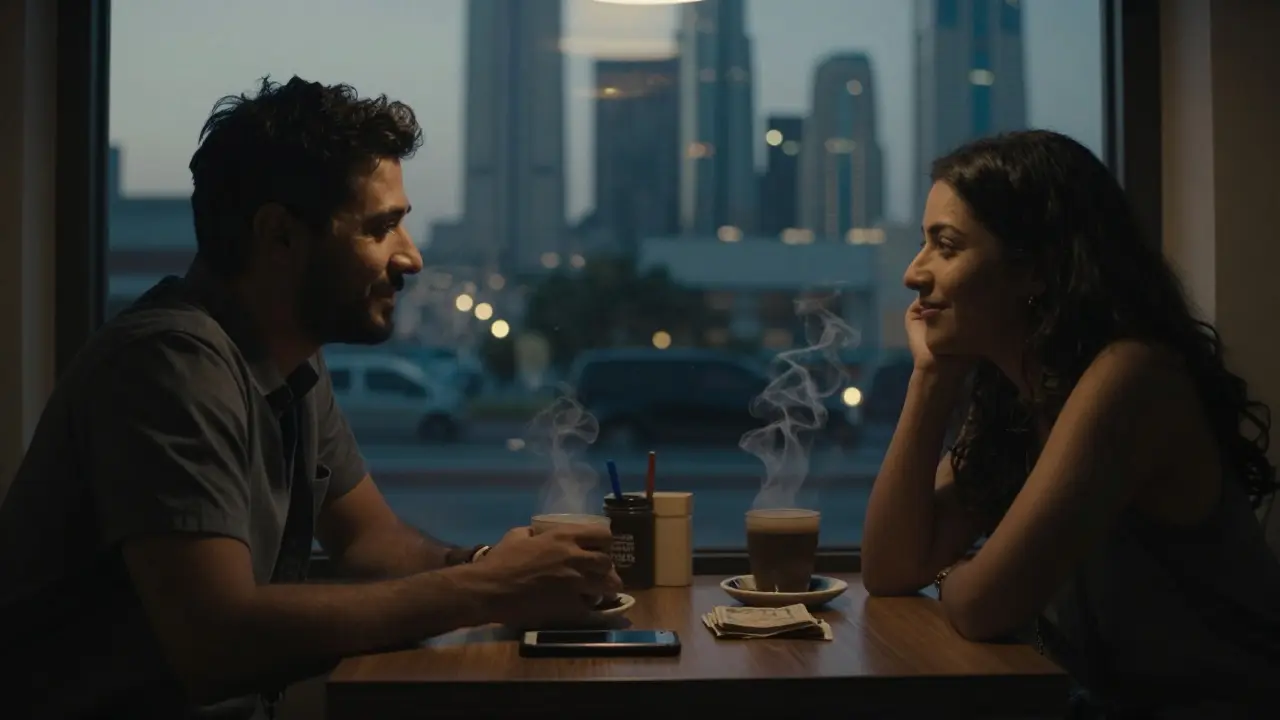 A man and woman sharing coffee in a dimly lit Dubai café, a burner phone and cash visible on the table.