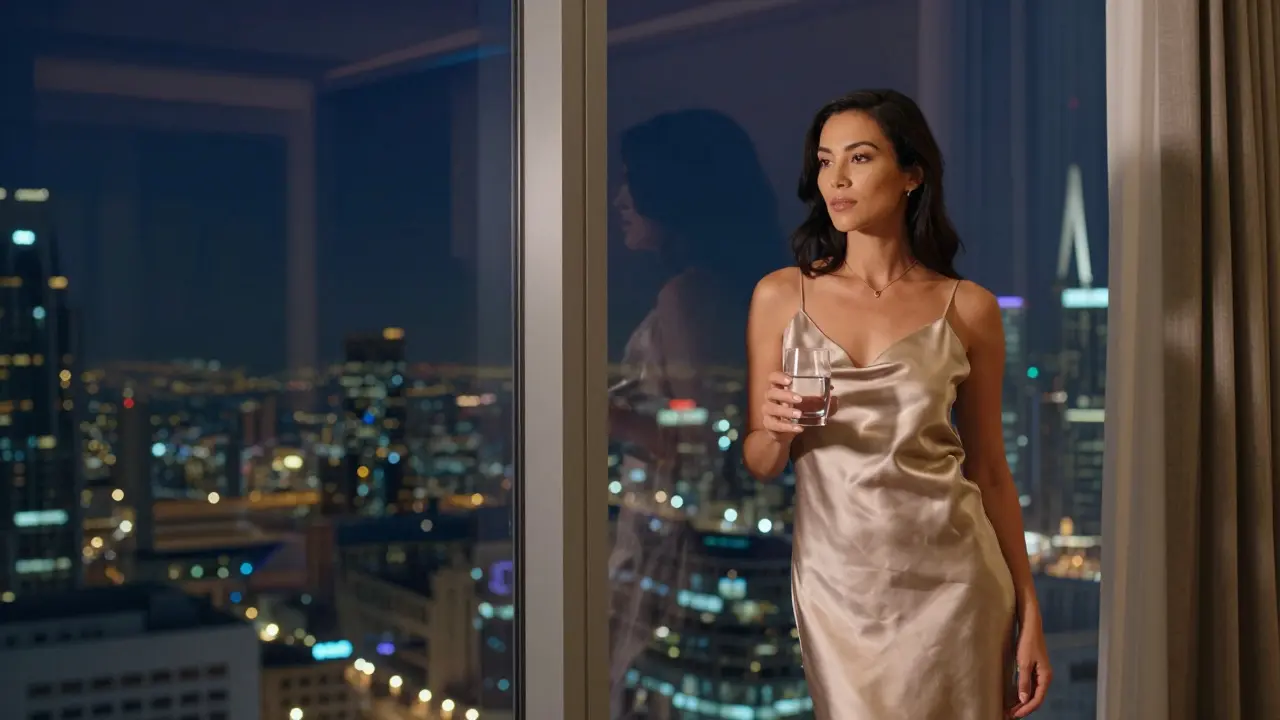 A poised woman in an elegant dress standing by a window in a Dubai hotel suite, overlooking the city skyline.