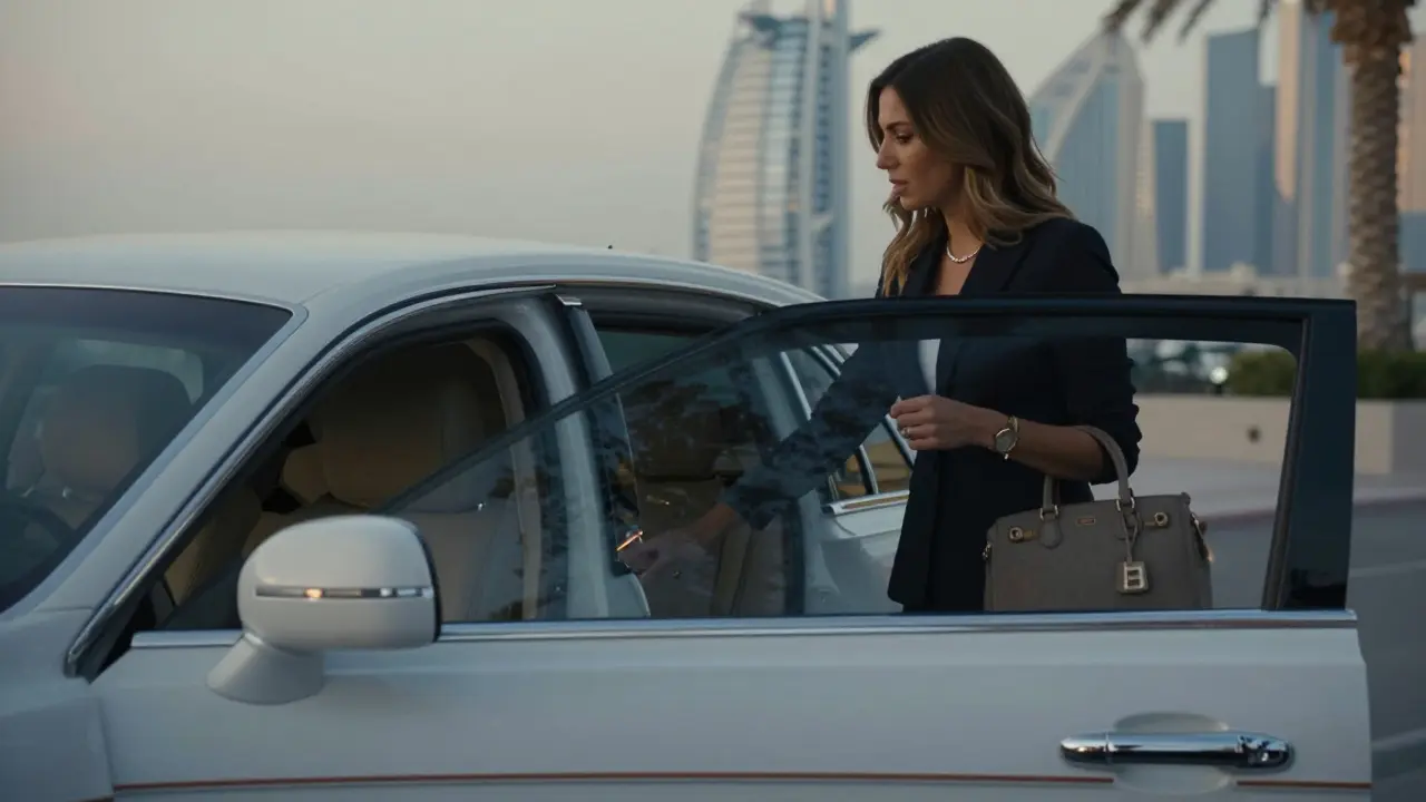 A private luxury car waiting outside a high-end Dubai apartment as a refined escort enters.