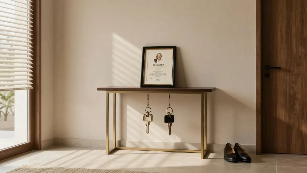 A private villa living room with a marriage certificate on display, symbolizing legal cohabitation.