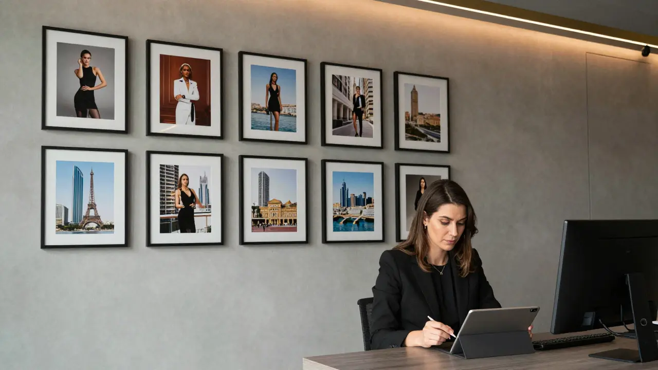 A professional agency office in Dubai with client profiles and photos of escorts in global luxury settings.