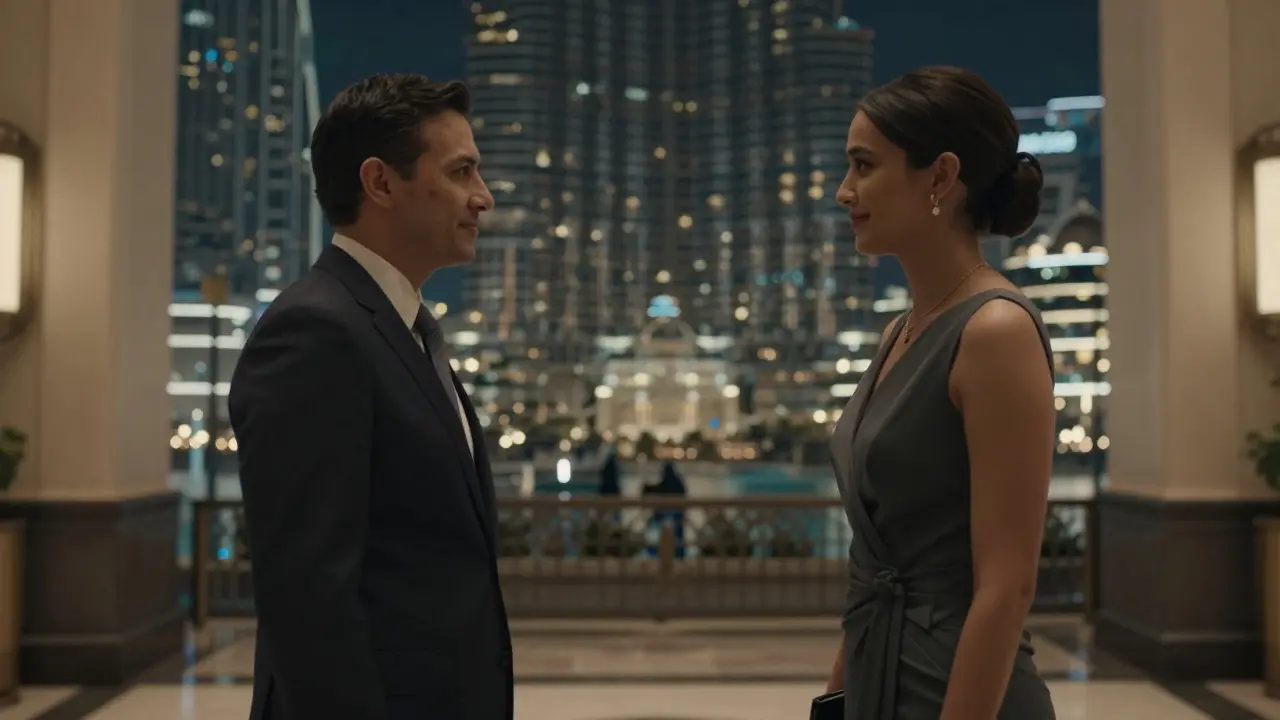 A professional companion and client meeting calmly in a luxury hotel lobby, no physical contact, just quiet connection.