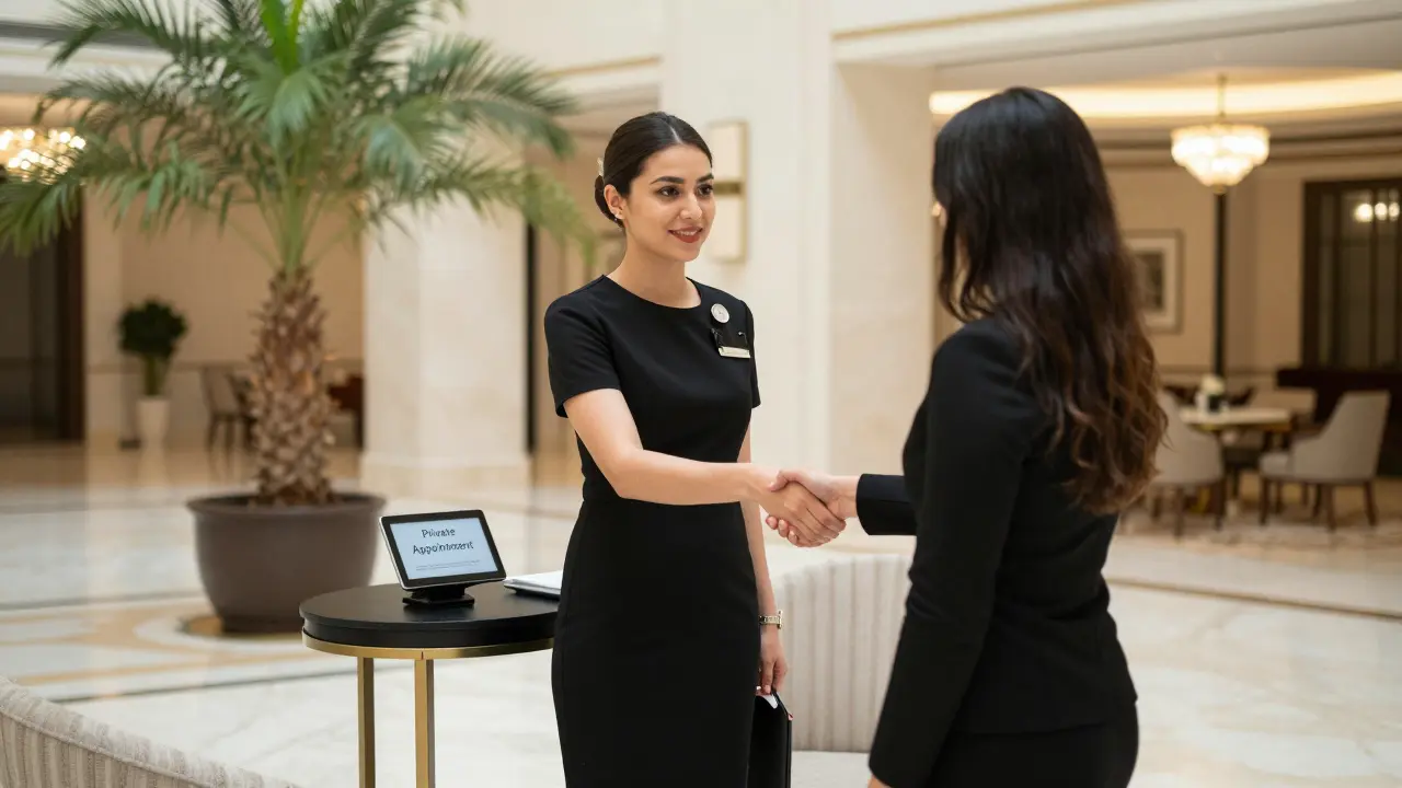 A professional escort meeting a client in a luxury hotel lobby, exuding discretion and calm professionalism.