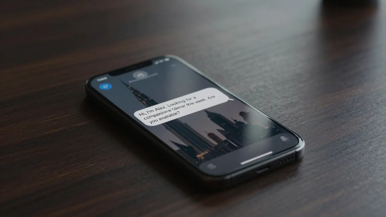A smartphone displaying a discreet Telegram message about companionship in Dubai.