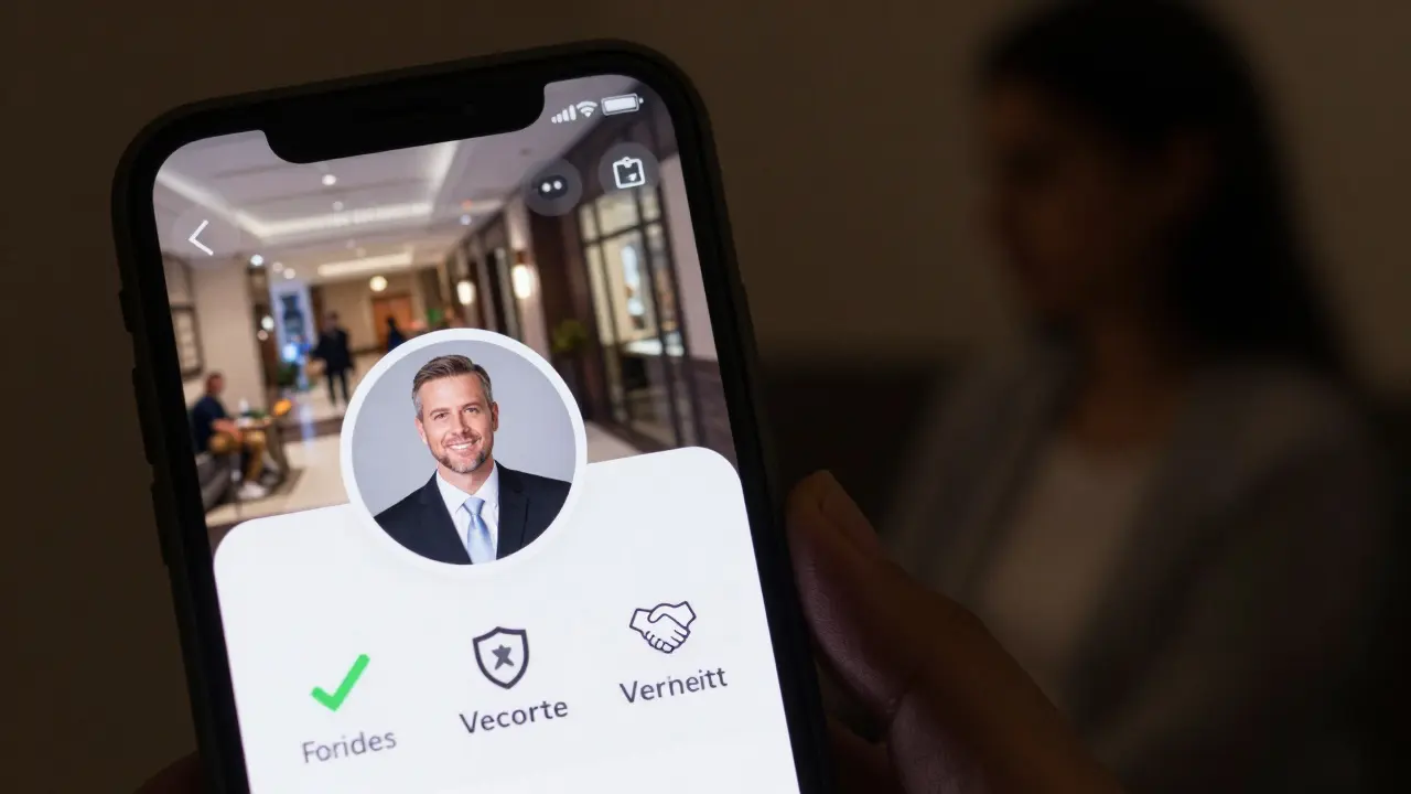 A smartphone showing a verified escort profile with safety icons, reflecting a hotel lobby where a meeting is about to take place.