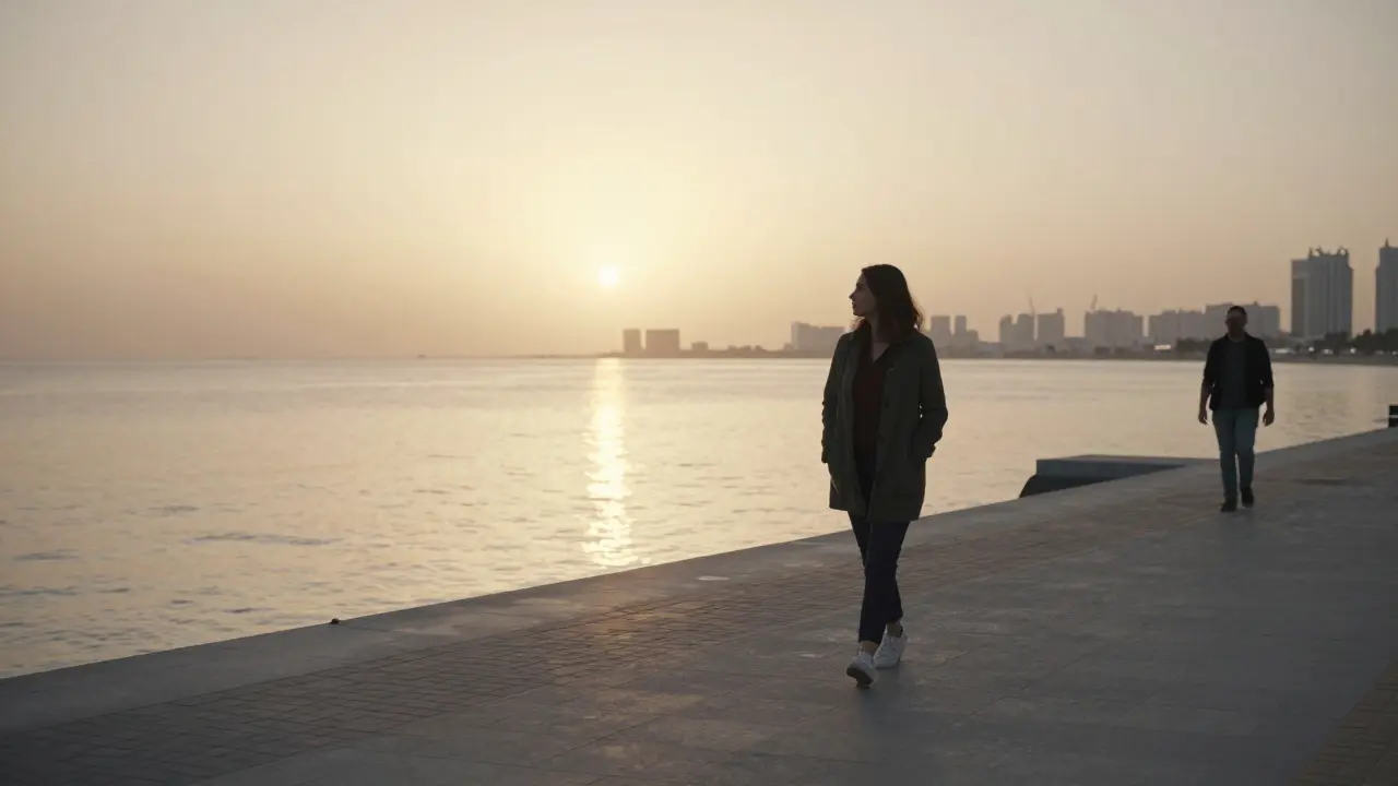 A solitary woman walking along Dubai Marina at sunset, reflecting quiet solitude.