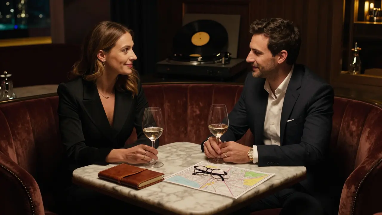 A sophisticated European companion and client having quiet conversation in a dimly lit private lounge.