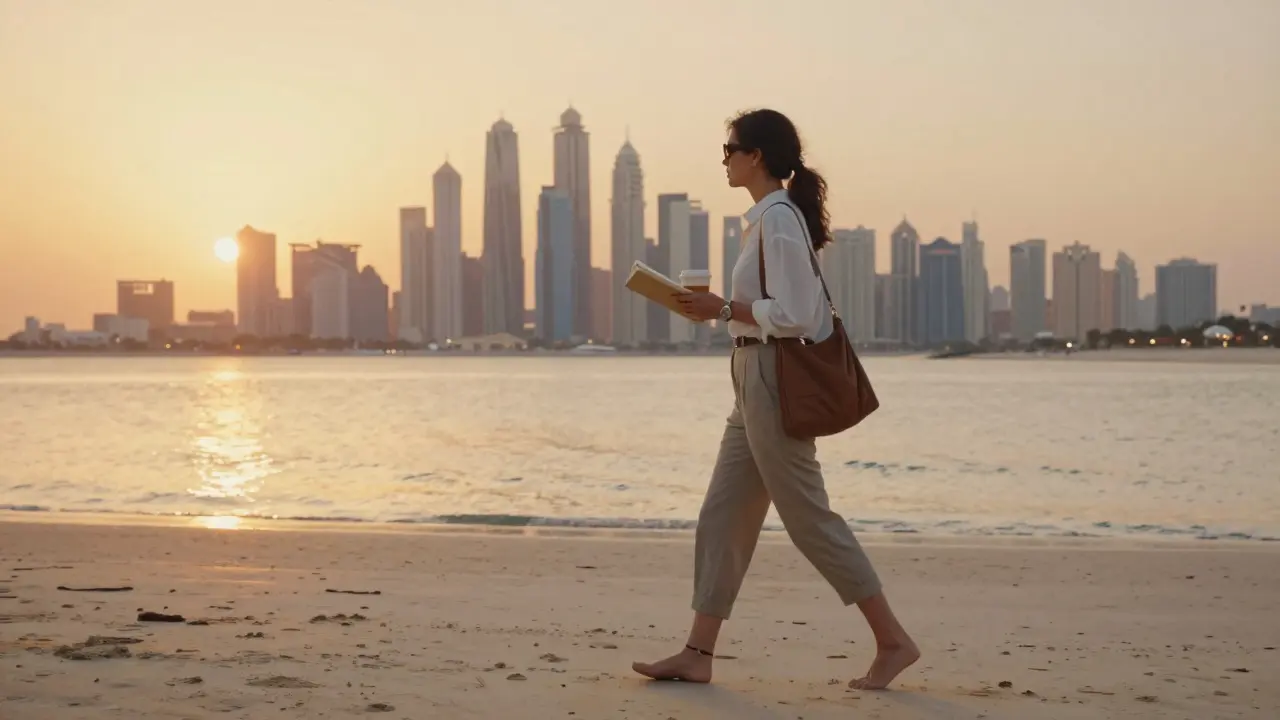 A woman walking barefoot on Jumeirah Beach at sunset, holding a book and coffee, serene and independent.