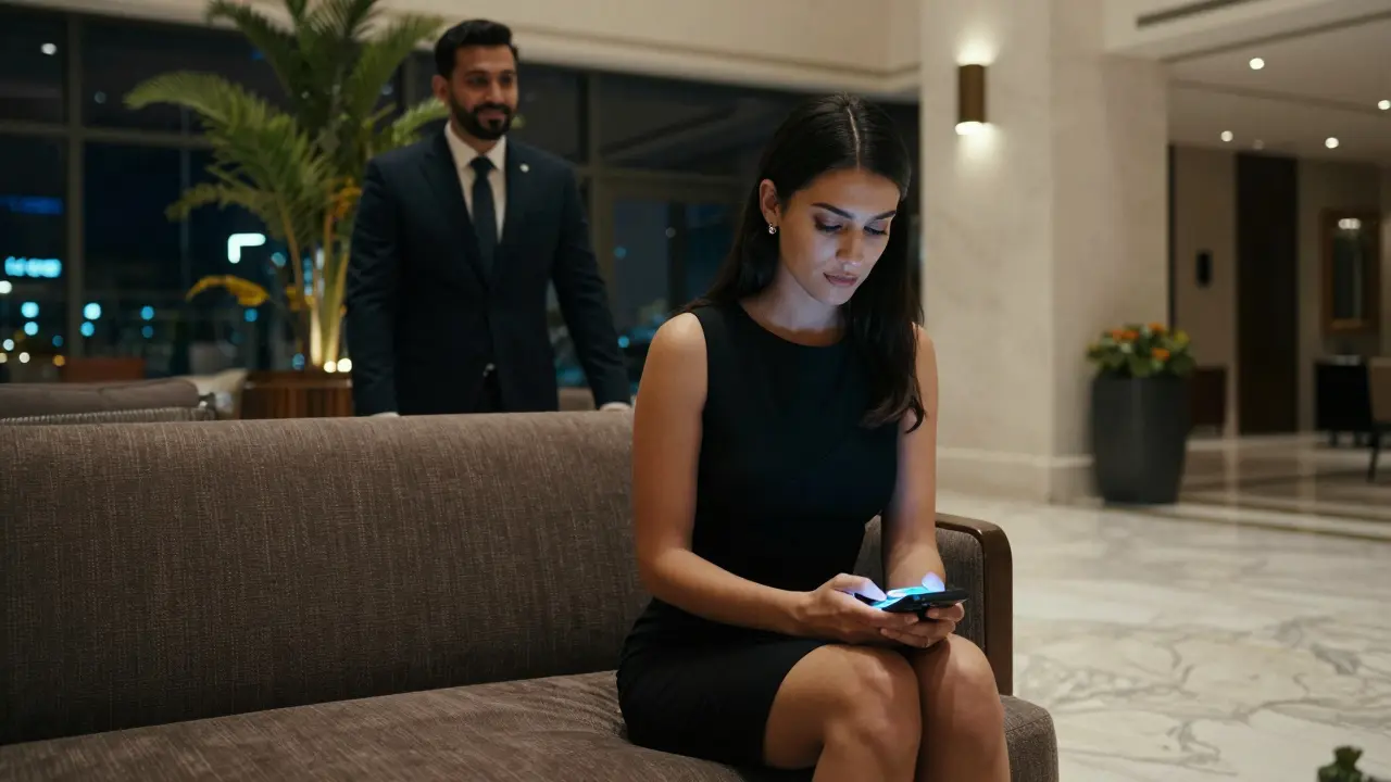 An elegant escort waiting calmly in a luxury Dubai hotel lobby, professional and composed.