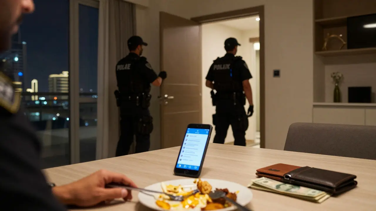 An empty Dubai apartment with a phone showing suspicious messages and cash on a table, hinting at an undercover police raid.