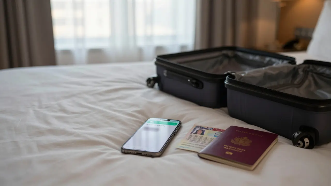 An empty hotel room in Dubai at dawn, phone showing a suspicious message, passport open on bed.