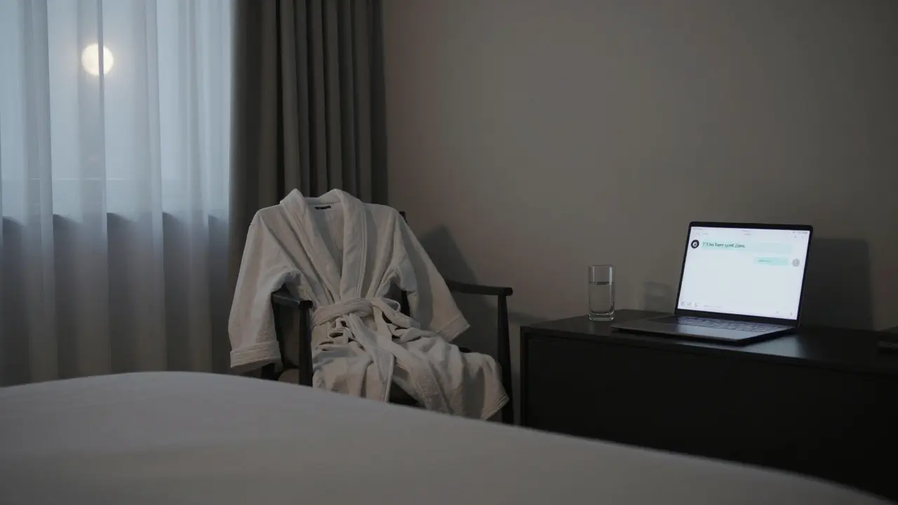 An empty luxury bedroom in Dubai with a robe, water glass, and encrypted message on a laptop, suggesting a discreet, respectful encounter.