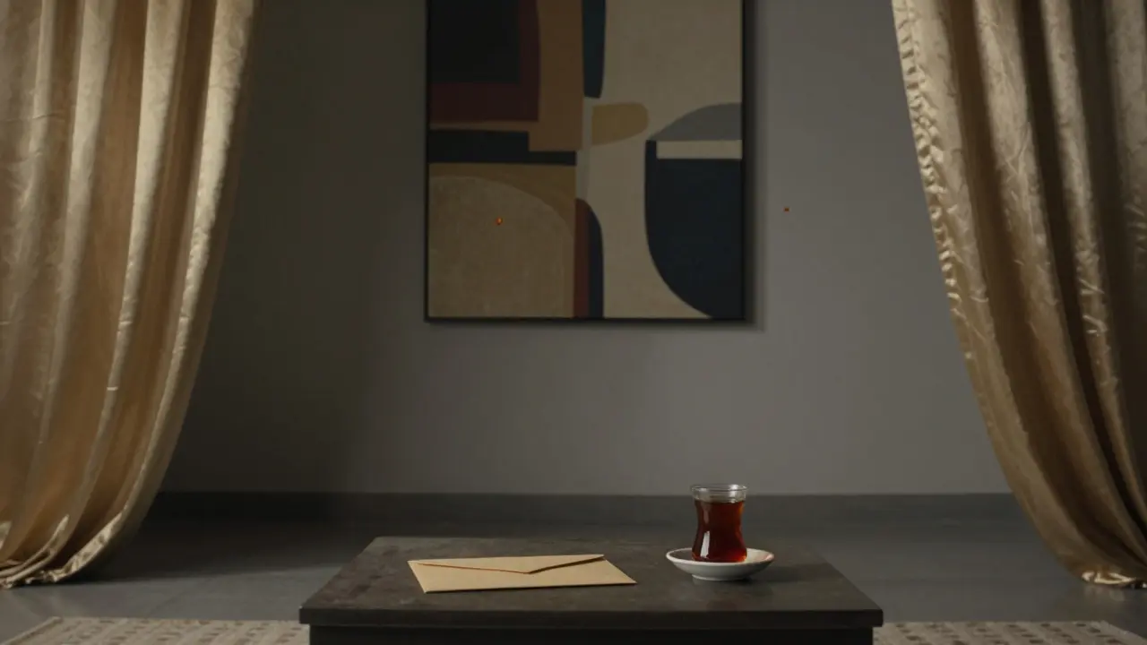 An empty luxury lounge at dawn with a single envelope on a table, silk drapes half-open, faint traces of scent in the air.