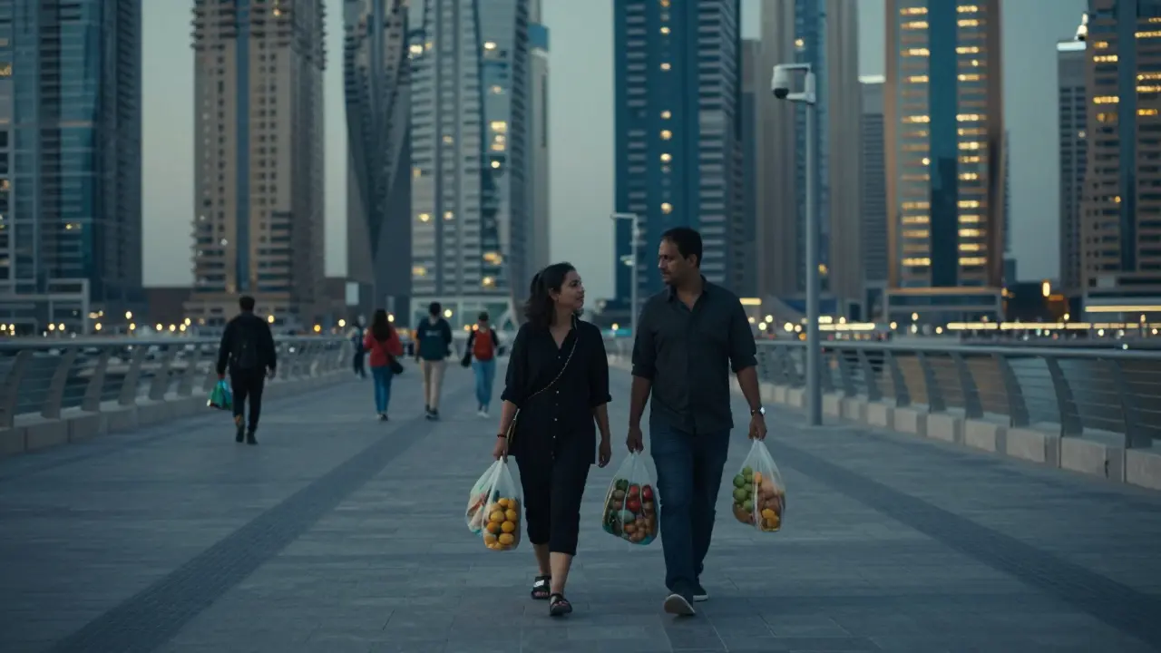 An expat couple walking silently along Dubai Marina at dusk, avoiding public attention.