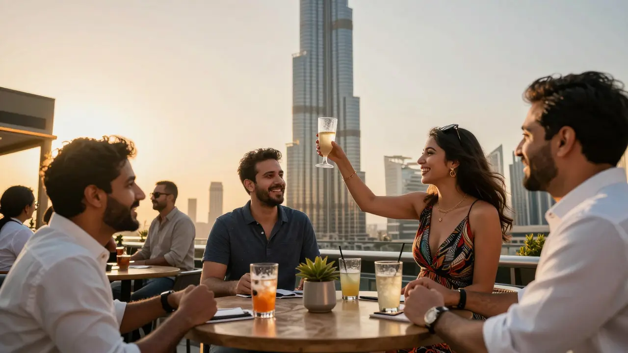 Diverse people enjoying drinks on a Dubai rooftop at sunset, Burj Khalifa glowing in the background.
