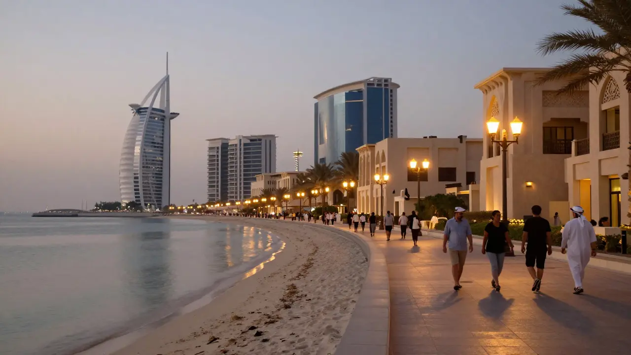 Evening stroll along Dubai Marina waterfront promenade
