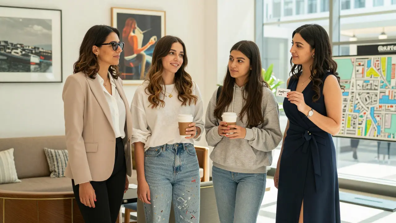 Four women in stylish casual outfits, each representing a different type of companion in Dubai, standing together in a mall lounge.