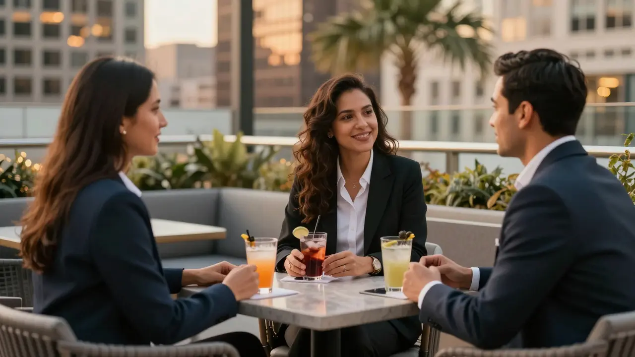 Friends conversing at rooftop lounge representing safe social alternatives