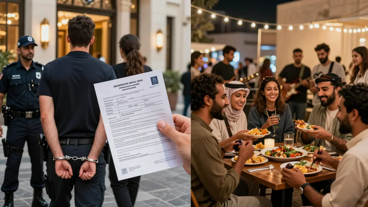 One side shows a person being arrested outside a hotel; the other shows people enjoying live music and community at an arts district event.