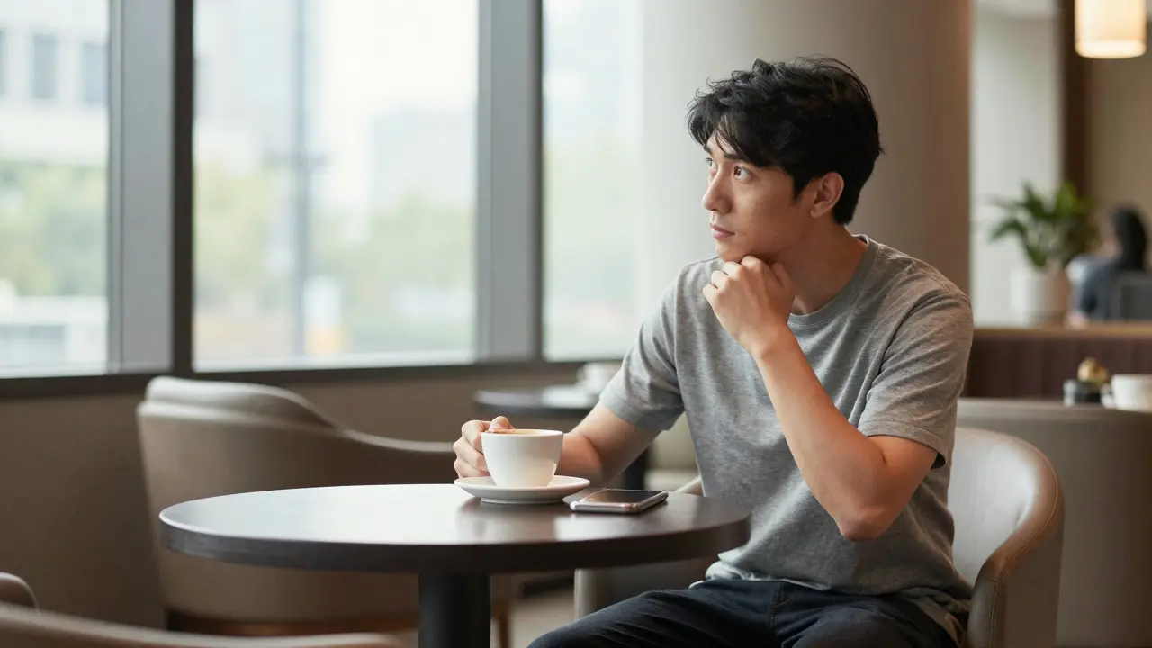 Person checking surroundings cautiously in upscale hotel lounge.