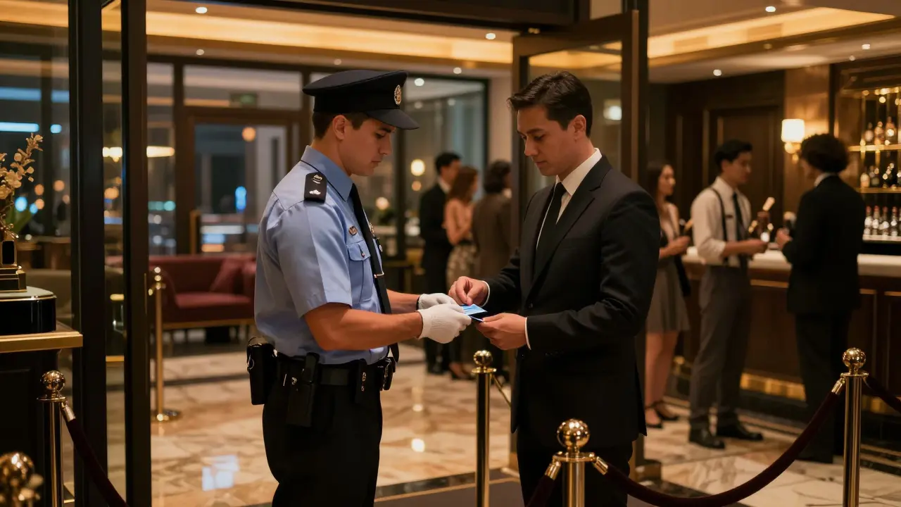 Security guard checking ID at luxury nightclub entrance