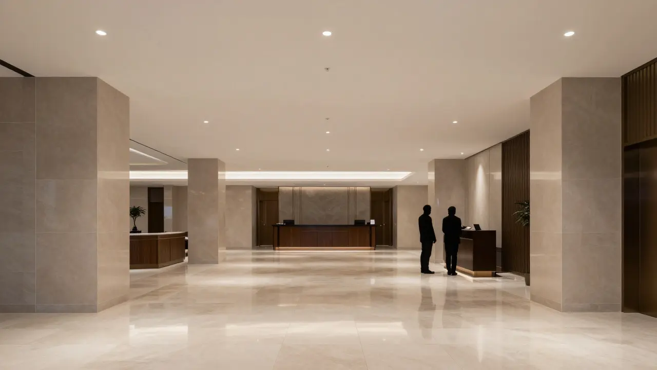 Silhouette of a polite meeting in a safe hotel lobby entrance.