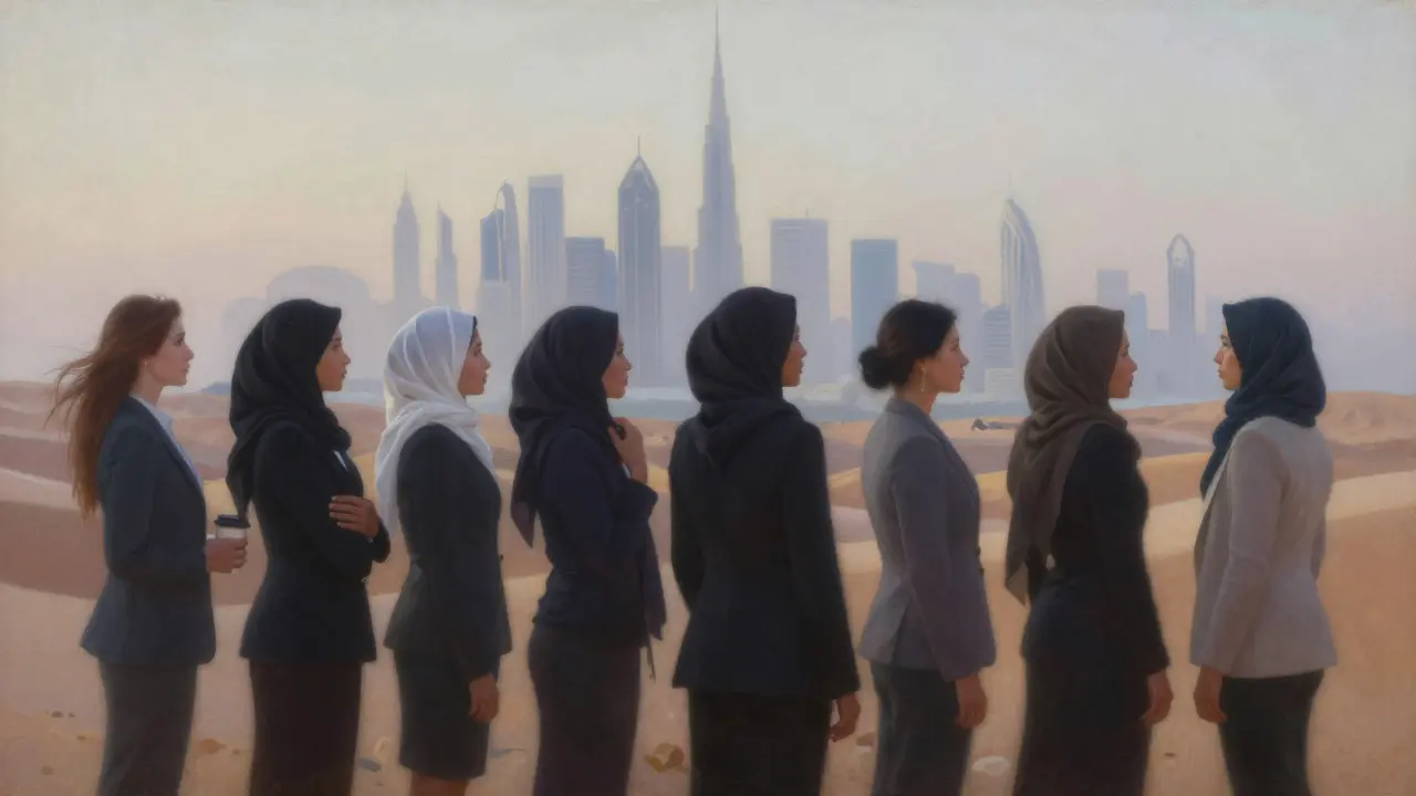 Silhouettes of women from diverse backgrounds overlooking Dubai at dawn, representing quiet dignity and personal strength.