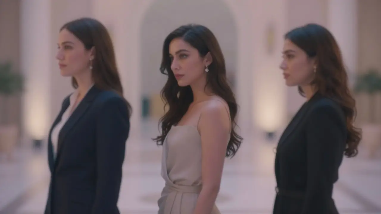 Three elegantly dressed women in a blurred luxury setting, each representing a distinct type of companion in Dubai.